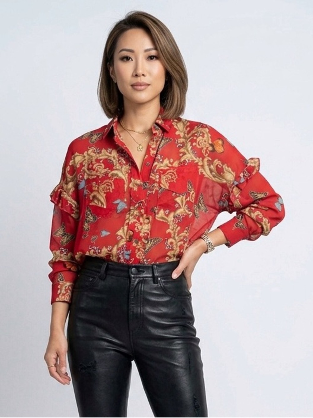 071 THE KOOPLES Women’s Royal Butterfly Silk Sheer Blouse - Red, X-Small